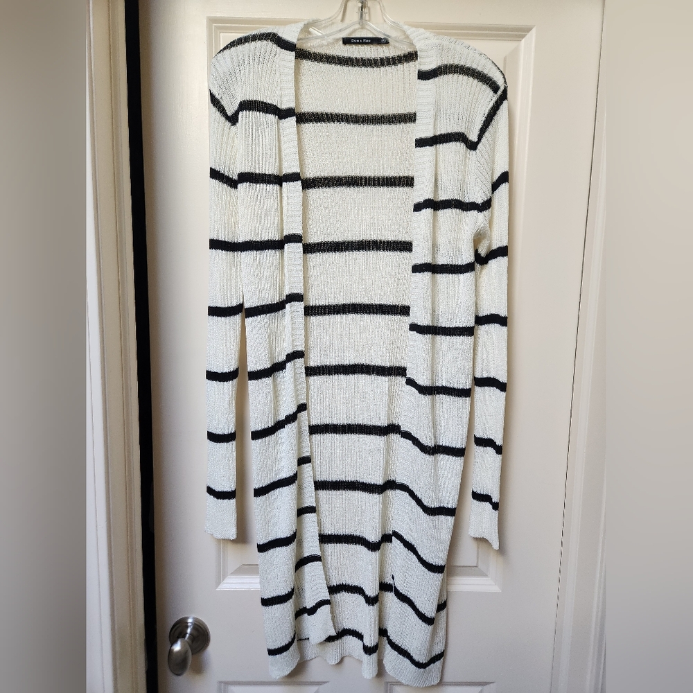 Doe and Rae Striped Black and Cream Women's Duster Cardigan, Small, NWOT